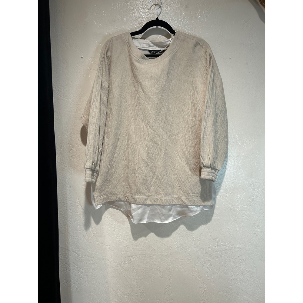 Zara Womens Textured Knit Layered Top Beige Long Sleeve Crew Neck XS S oversized